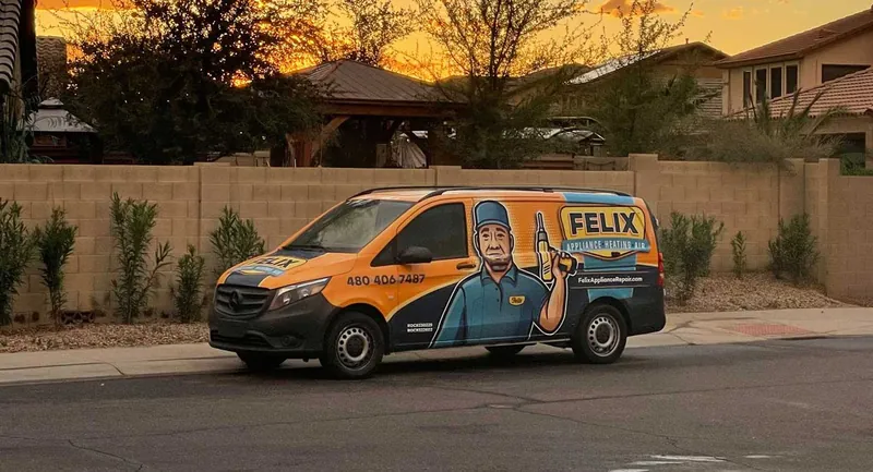 Felix wrapped service van at sunset in a Maricopa neighborhood